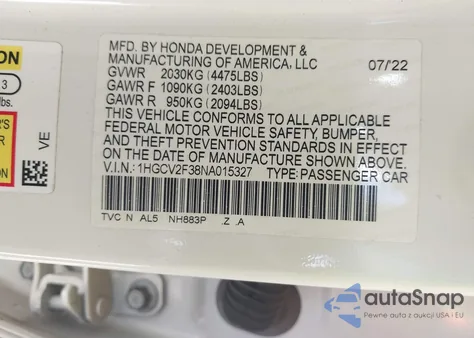 2022 Honda Accord Sport 2.0T z USA, uszkodzony, nr VIN 1HGCV2F38NA015327